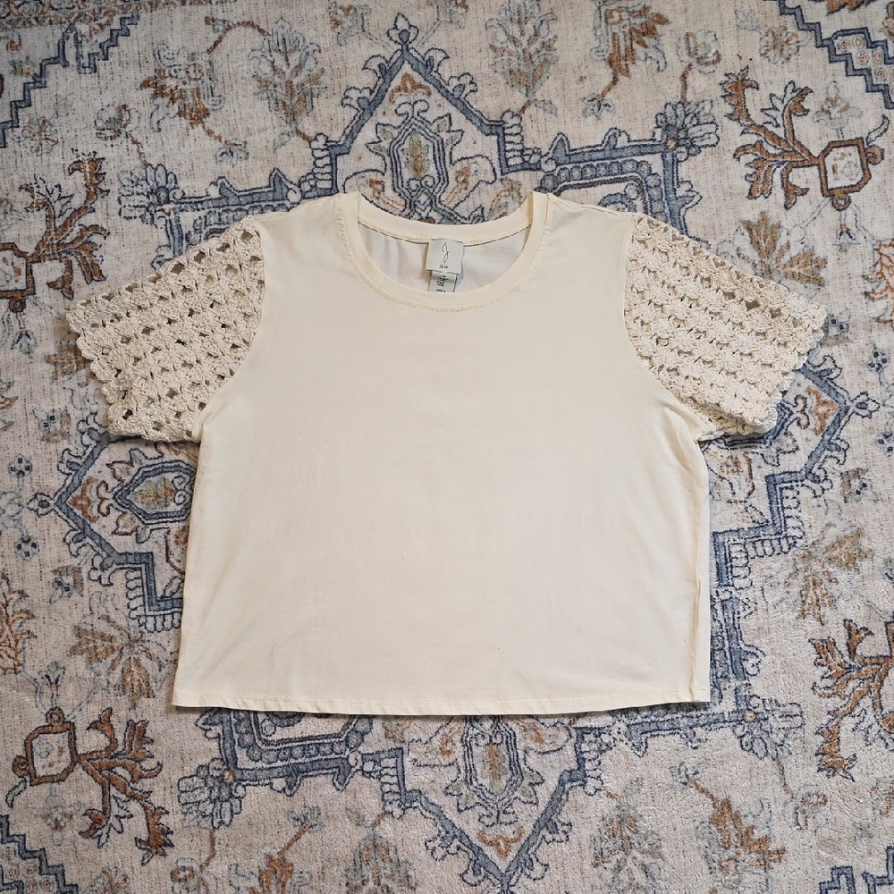 Joie Cream Crochet Sleeve Cropped Top